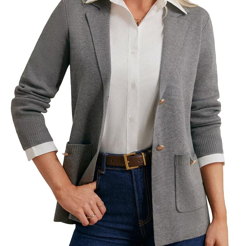 Soft Knit Blazer Cardigan Open Front Pockets Work Casual Fall Essential - Picture 2 of 8